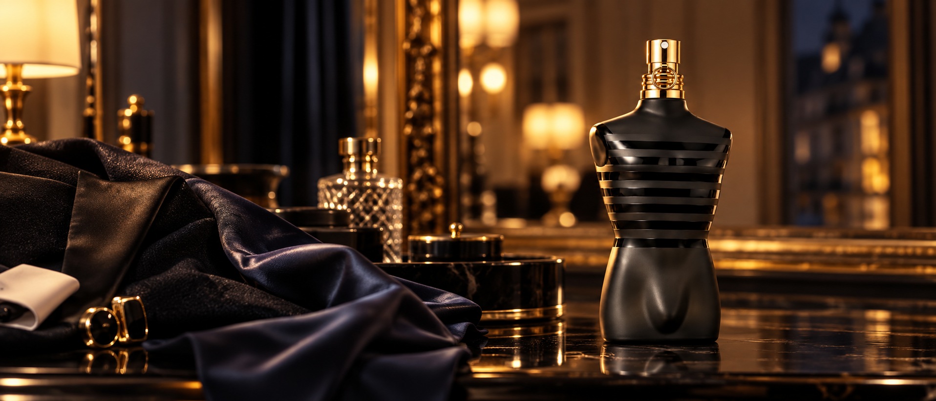 Imagem criada com IA: Le Male Le Parfum em um camarim de alta-costura, com alfaiataria escura e luz quente.