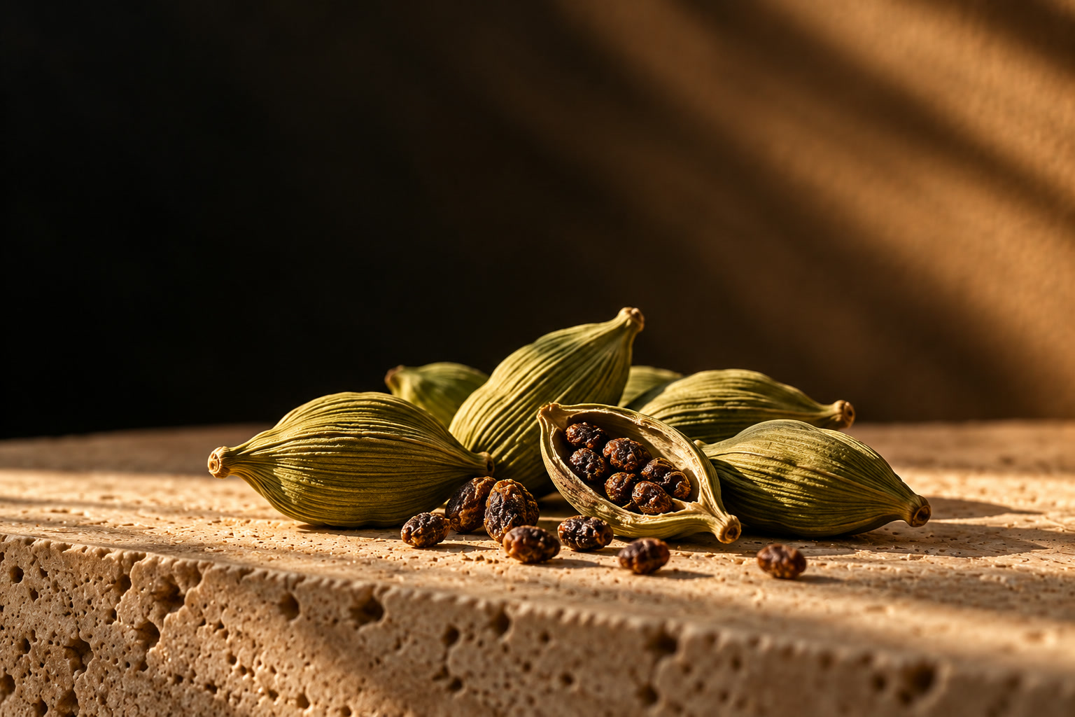 Imagem criada com IA de cápsulas de cardamomo.